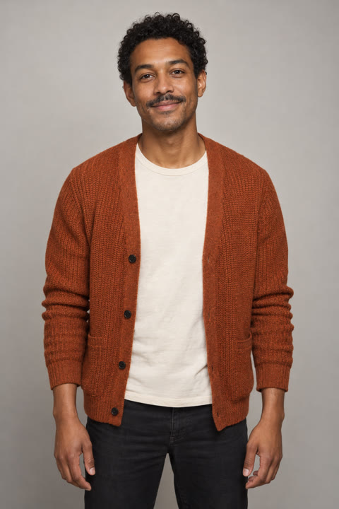 AI-generated left backing singer in an orange cardigan.