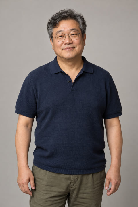 AI-generated keyboard player in a navy knit polo and round glasses.
