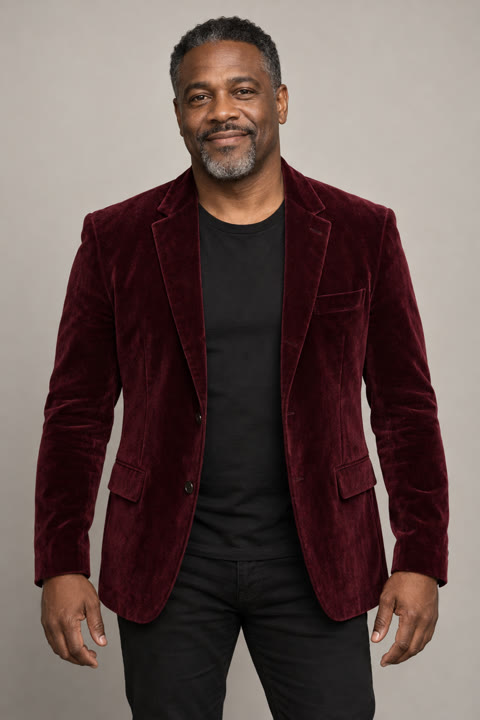 AI-generated lead singer in a burgundy velvet jacket.